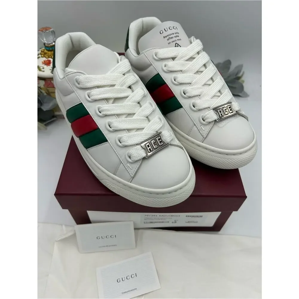 Men's Gucci White Leather ace Sneakers with web, stripe size 8.5 fits 9 US